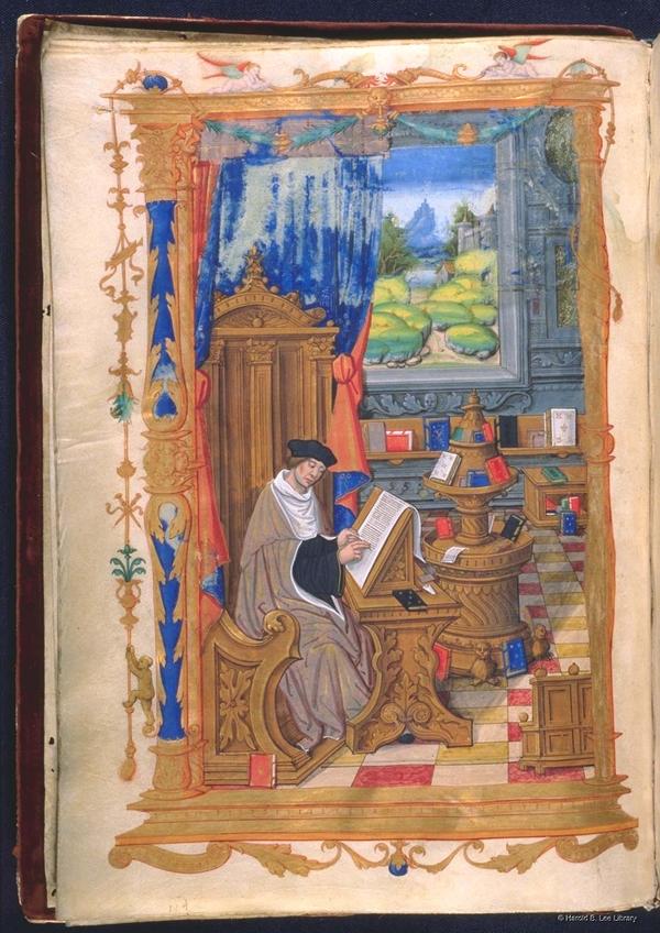 中世纪手稿里的插画:fol. f verso scribe (jerome) in his study