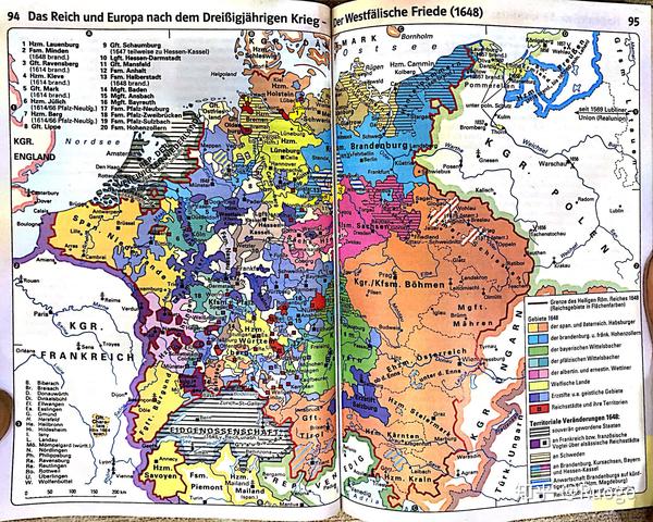 1648年的帝国,可以看到法国获得了阿尔萨斯洛林的一些小领地,以及其他