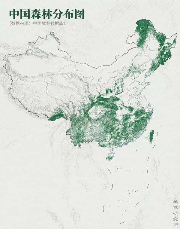 中国森林分布图,数据来源于中国林业数据库,制图@巩向杰&郑伯容