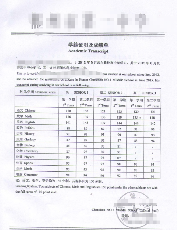 s同学的高中成绩单