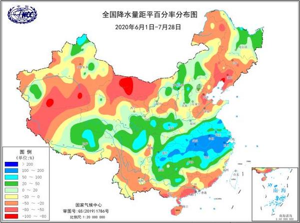 (2020年6月1日至7月28日全国降水量距平百分率分布图.