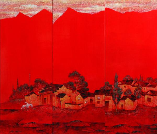 八角楼的灯光(漆画)160x60cmx3;2017年作,获江西省重大主题美术创作