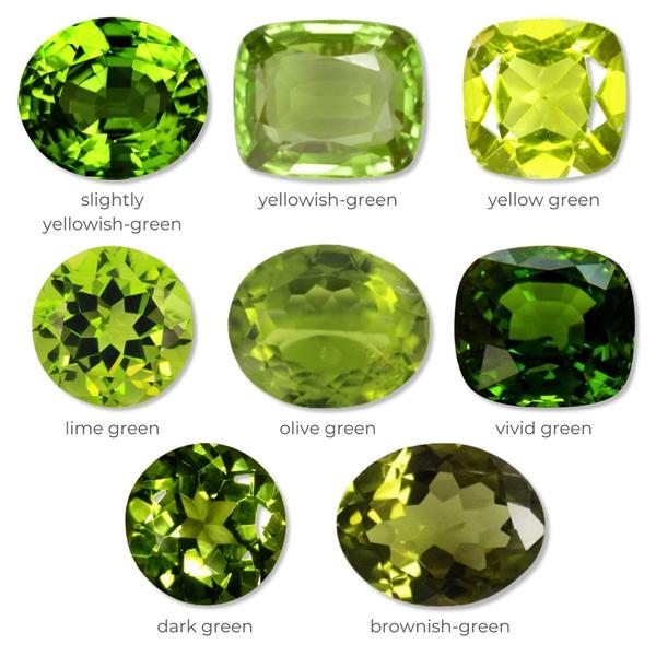 橄榄石的颜色比较一致,基本都是橄榄绿色,仅仅只受矿物中铁的含量比例