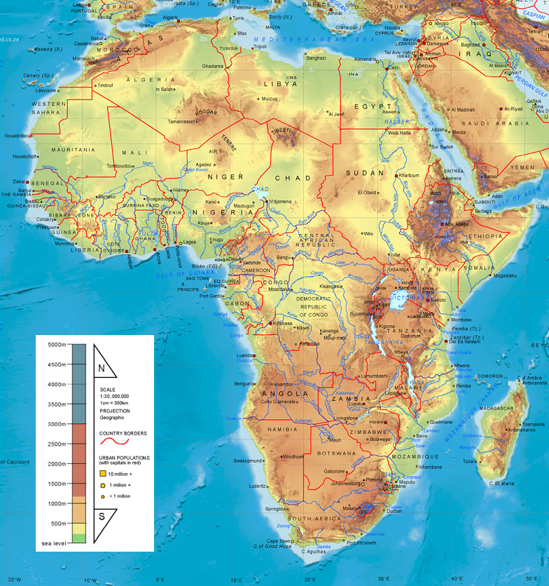 先上一张非洲的地形图 北非萨拉沙漠以南,是属於欧洲势力范围,难以图