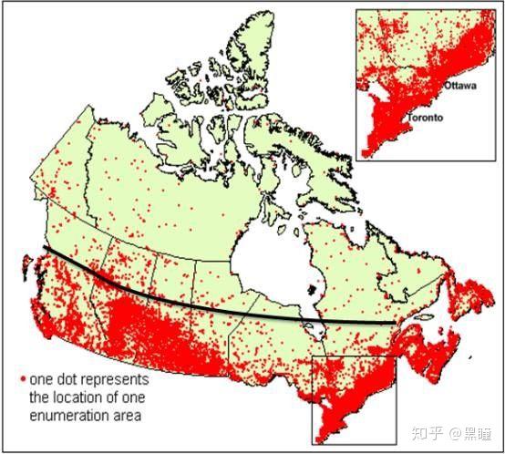 (加拿大人口密度分布图)