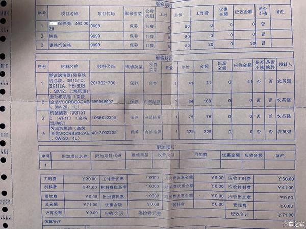 保养结算清单,因为有基础保养券,所以结算费用比较少.