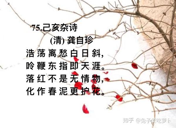 75,己亥杂诗 清.龚自珍 浩荡离愁白日斜, 呤鞭东指即天涯.