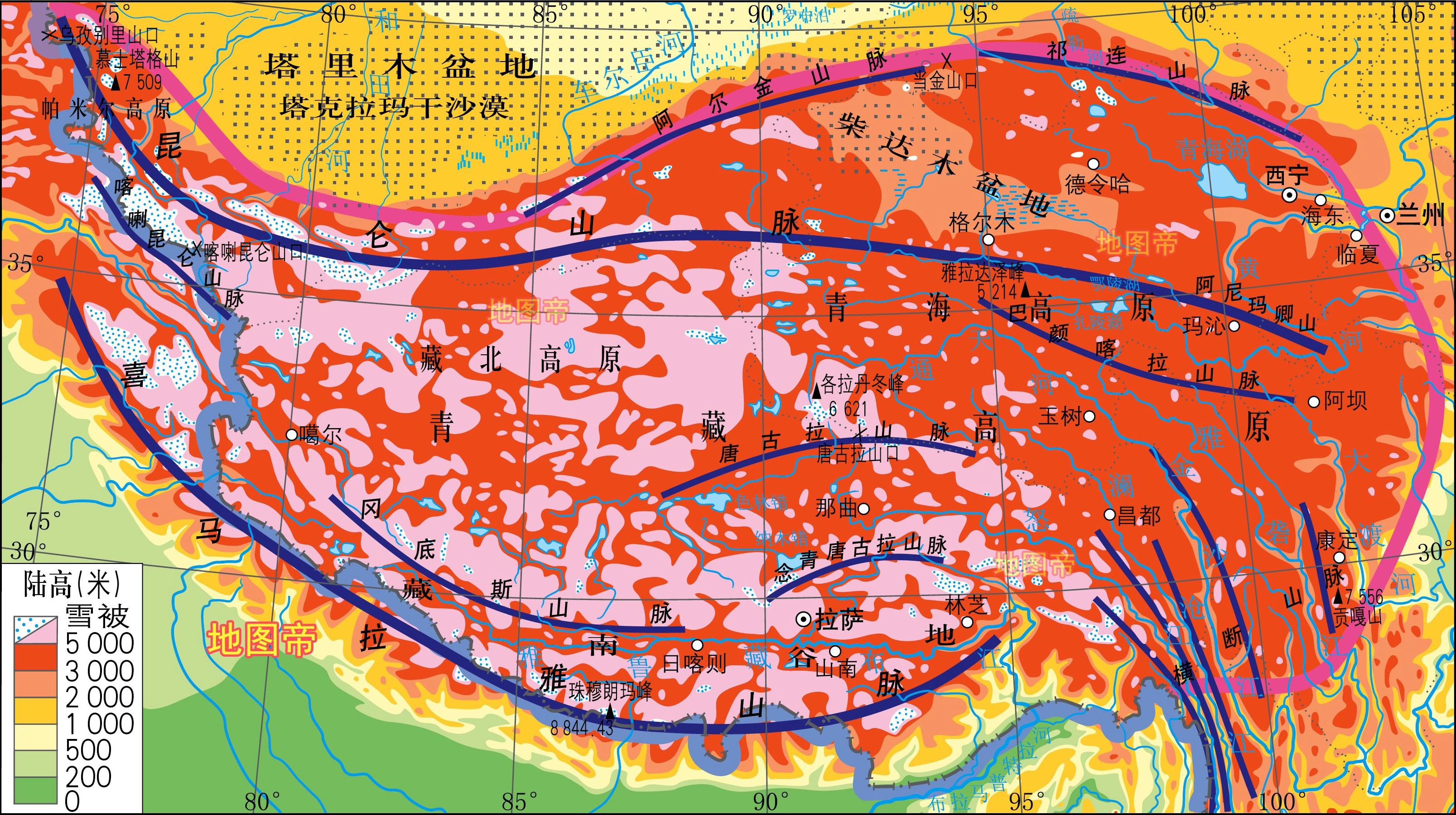 青藏高原面积约260万平方千米,平均海拔4000米以上,包括多个褶皱断块