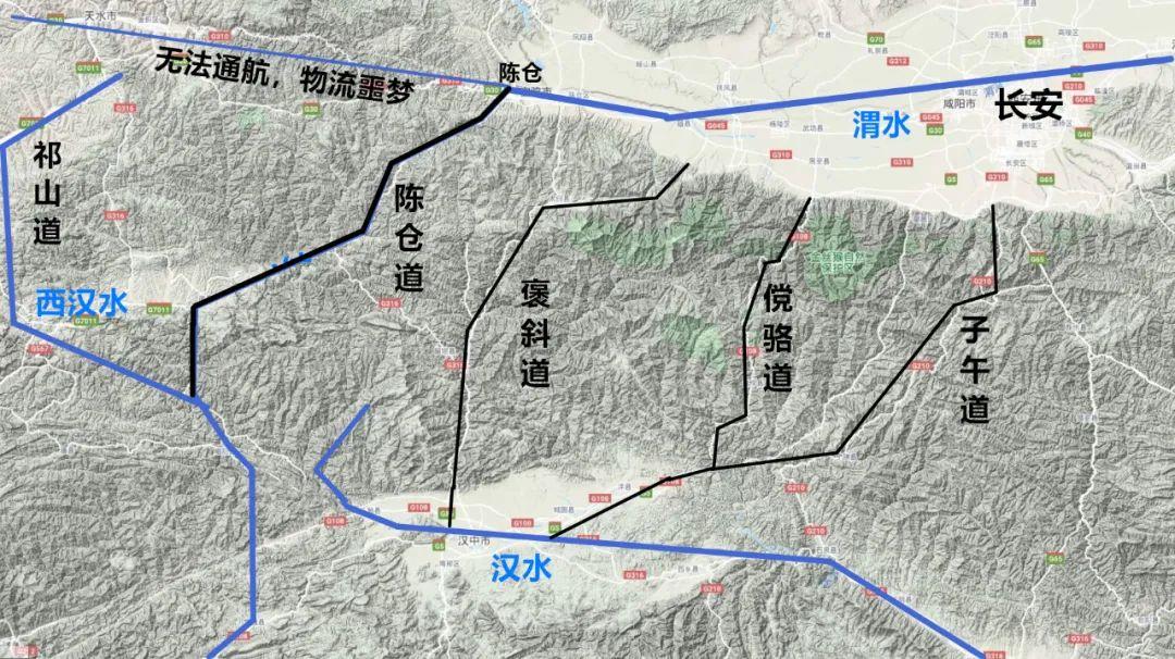 最早祁山道和陈仓道实际上是如上图般依托西汉水和嘉陵江的,全程可
