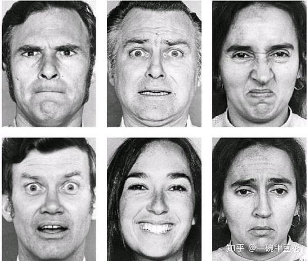 他们设计了一组面部表情的照片,一共6张,分别代表6种基本情绪(如下