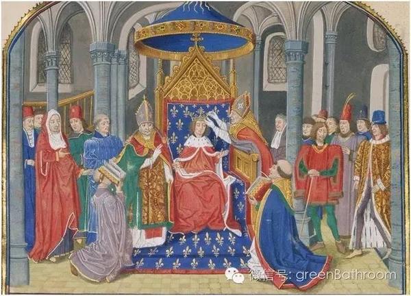 751年加洛林王朝的著名的国王"矮子丕平"的加冕仪式.