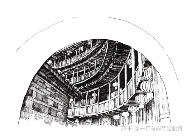 一行手绘钢笔画写生 50 福建土楼