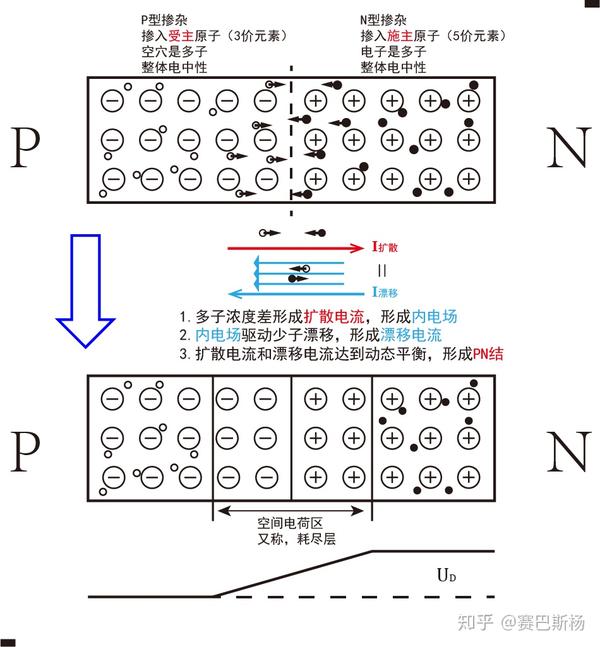 pn结形成过程:浓度差引起的多子扩散运动与内电场引起的少子漂移运动