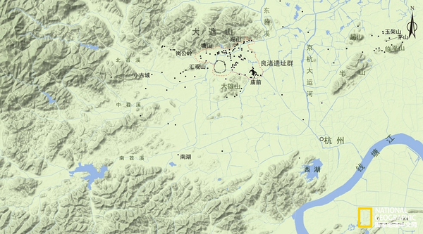 "c"字形盆地内的良渚文化遗址分布图