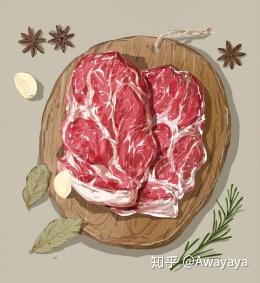 猪肉砧板炖肉写实彩色手绘生鲜鲜肉美食插画