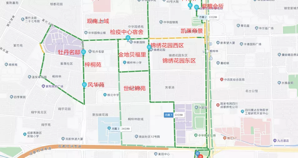 在收运线路图中可以看到,除了收运车辆行驶线路,还标明了停靠小区的