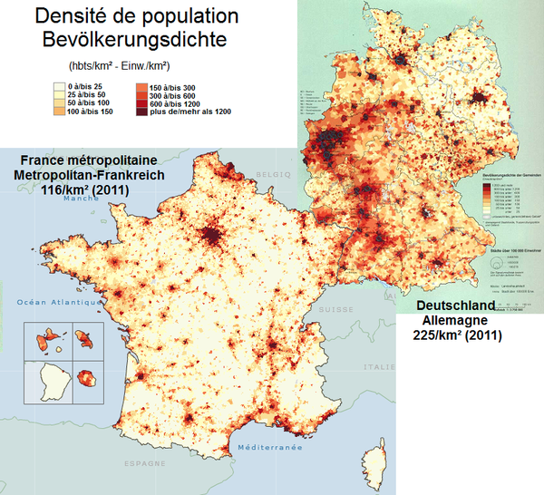 法国和德国两种发展模式导致的人口分布对比