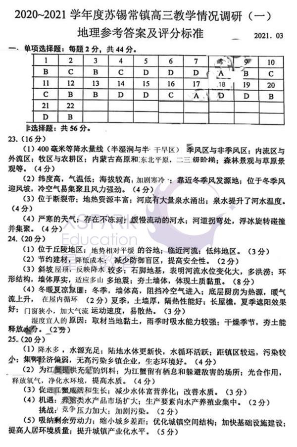 苏锡常镇2021届高三一模物理历史,政治化学生物地理试卷答案