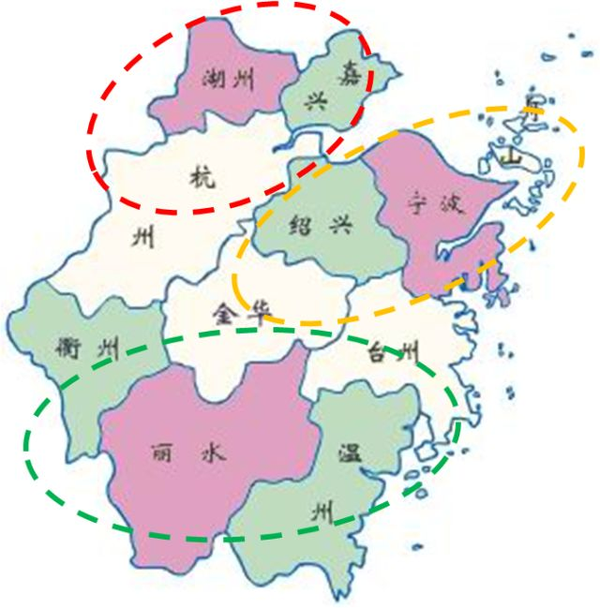 浙江省内城市行政区划及三大区域划非情况