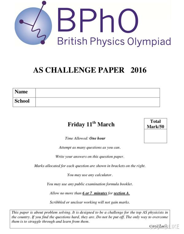 british physics olympiad: as challenge 英国物理挑战赛