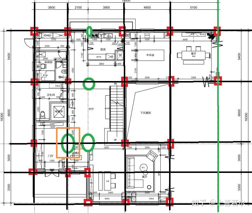 请教大神框架结构建筑施工图里红色部分为支持柱绿色部分可以不设支撑