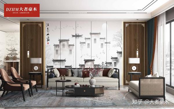 大者豪木:新中式沙发背景墙效果图,新中式电视背景墙
