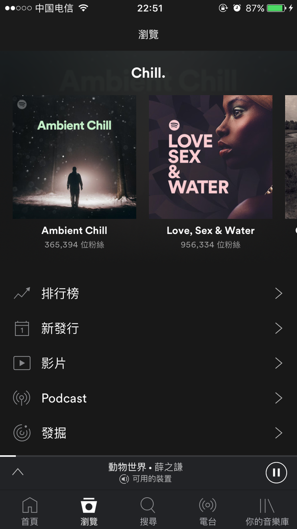 拥有首页,浏览,搜索,电台,音乐库五大功能 个人最喜欢spotify的浏览