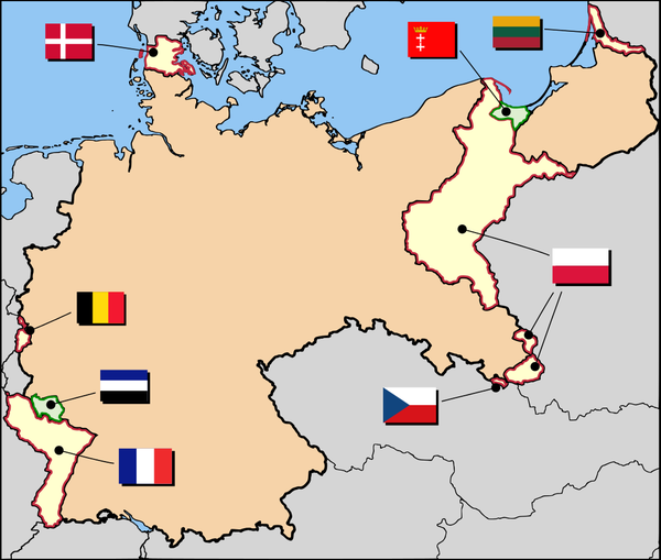 一战后的领土变化,浅黄色为德国失去的领土,绿色为交由国际联盟管理的