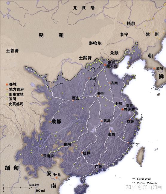 公元1582年,明神宗万历年间明朝实际控制疆域图.