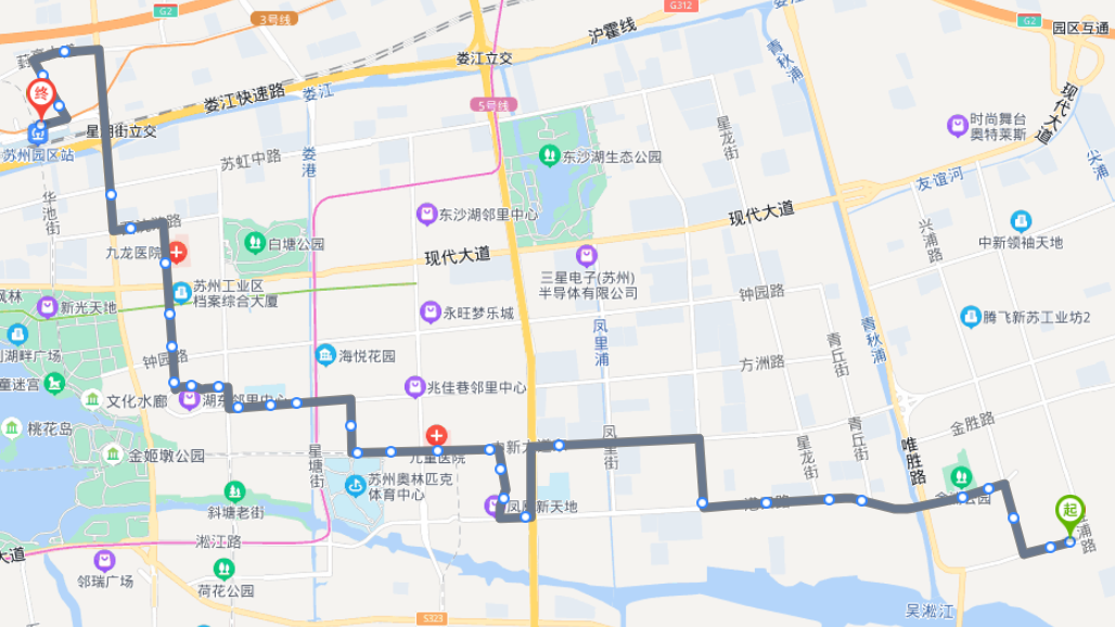 江苏苏州园区火车站109路公交车路线:首末班:05:30-18:50:南环桥(华东