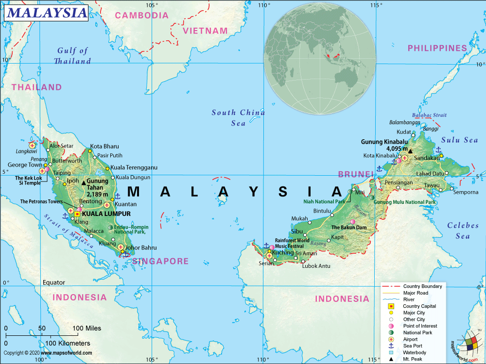 位图 西马位于马来半岛南部,北与泰国接壤,南与新加坡隔柔佛海峡相望