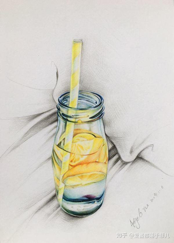 透明玻璃瓶怎么画柠檬水彩铅教程