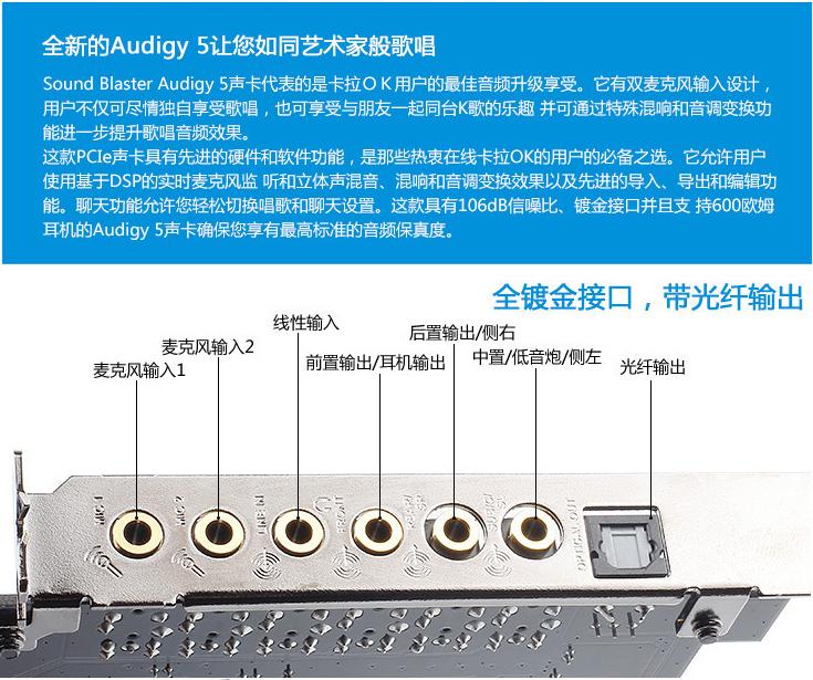 贾爽:创新7.1 sb1550 audigy5卡拉ok双麦插口光纤声卡