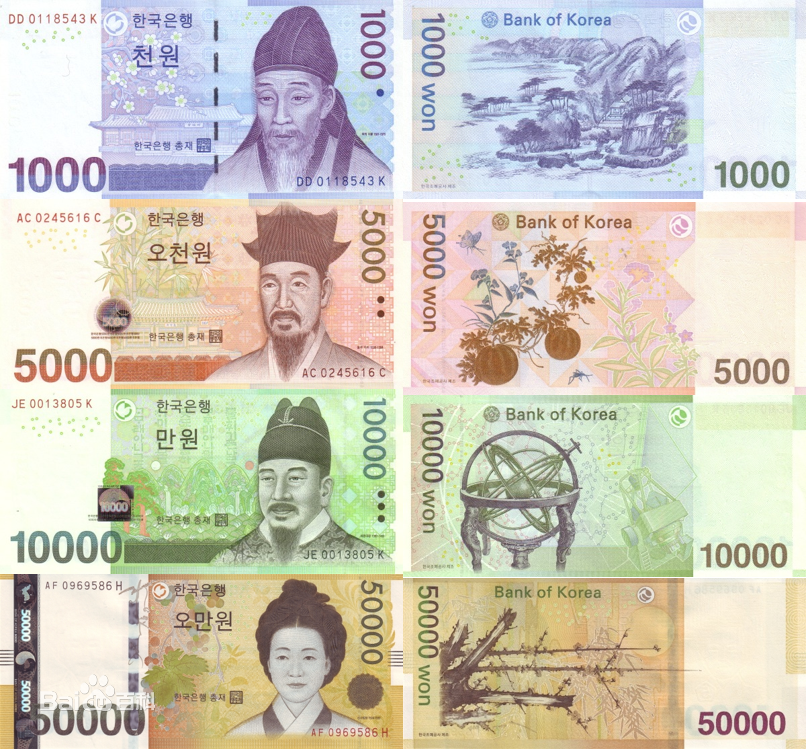 中国的纸币上都是清一色的毛爷爷,可是韩币就不同了,换个面值就换个人