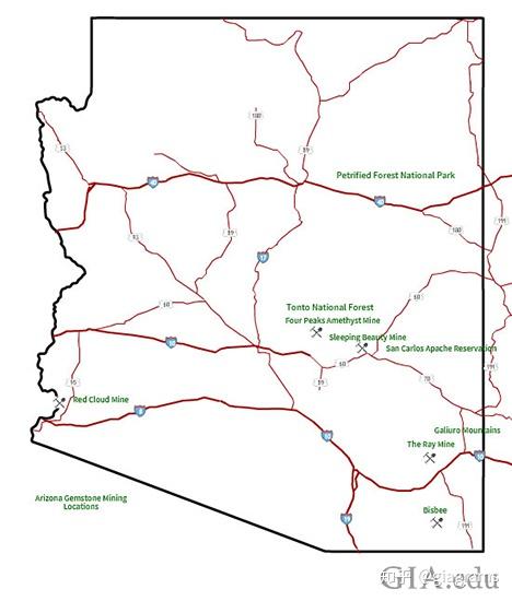 这张地图显示了亚利桑那州的矿区,城镇,以及发现宝石的自然区的位置.