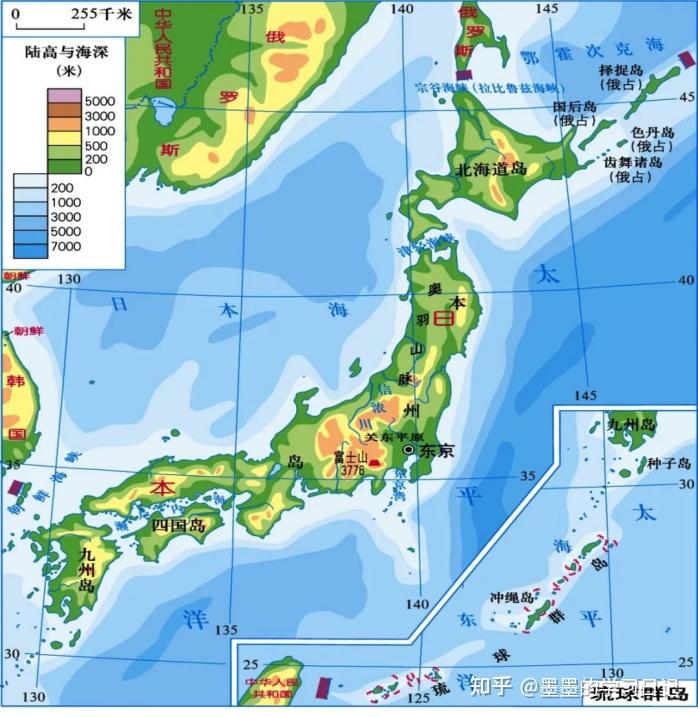 地形特征:以山地和丘陵为主,沿海有狭窄的平原,最高山-富士山