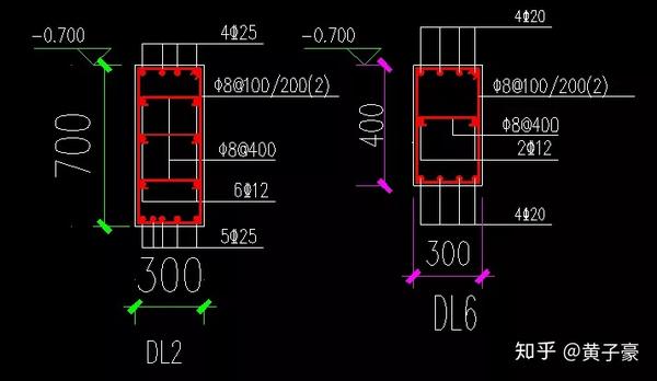 地梁模板加固 h-j轴一共就只有dl2与dl6两种地梁,宽都是300mm,高分别