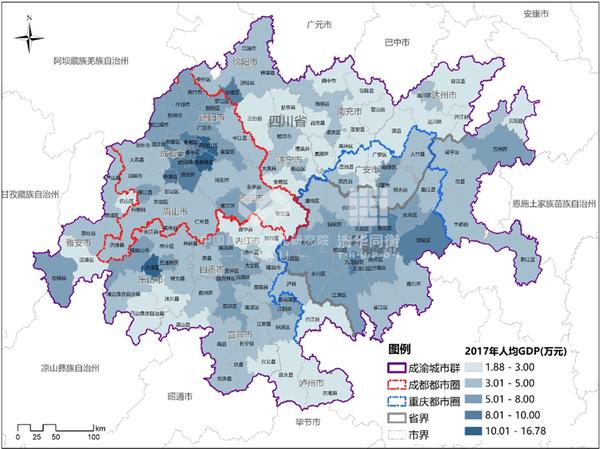 2017年成渝地区双城经济圈各区县人均gdp空间分布