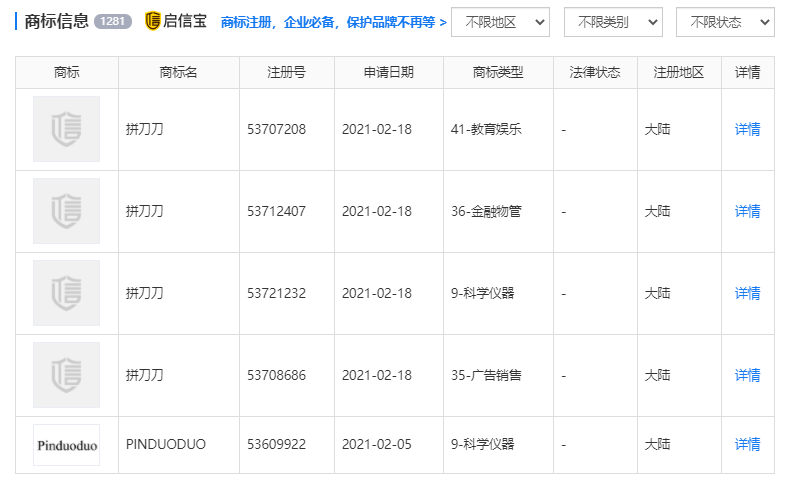 拼多多关联公司申请拼刀刀商标