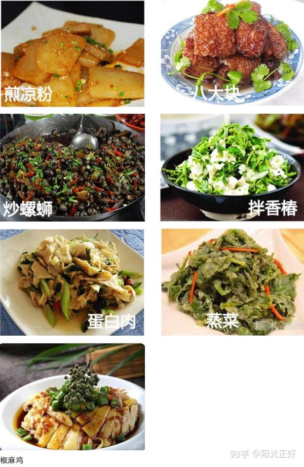 炒菜:煎凉粉,炒螺蛳,蛋白肉,椒麻鸡,八大块,拌香椿,蒸菜, 特色食材