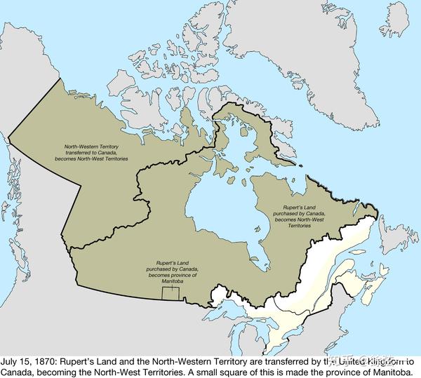 1870年加拿大获得的鲁伯特领地和西北地区,小方框是新设立的曼尼托巴