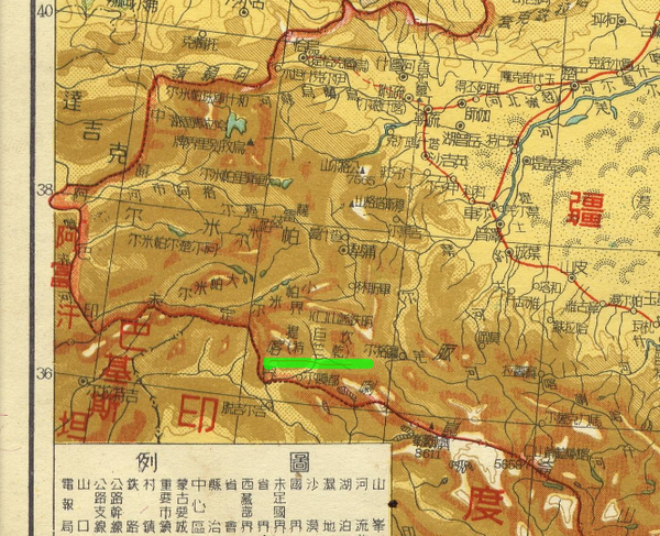 1951年中华人民共和国新疆省地图,图中将坎巨提划归新疆