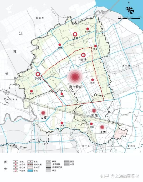 新城(嘉定新城),三个中心镇(安亭镇,南翔镇,江桥镇)和三个一般镇(外冈