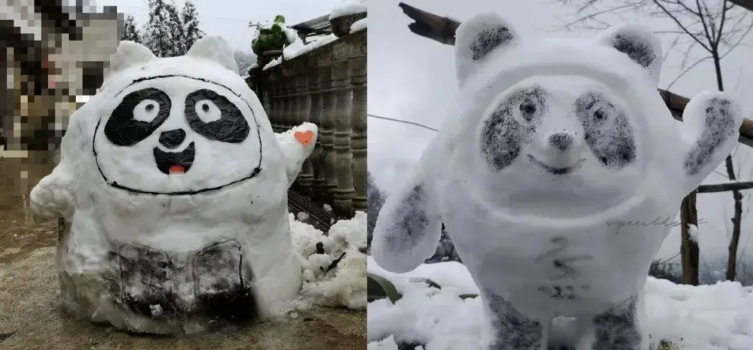 网友们用雪堆的"雪墩墩",也很有神韵呀.