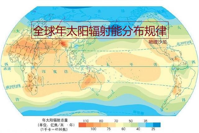 分布图 撒哈拉沙漠 也就是说,从水平方向来看,全球年太阳辐射总量最多