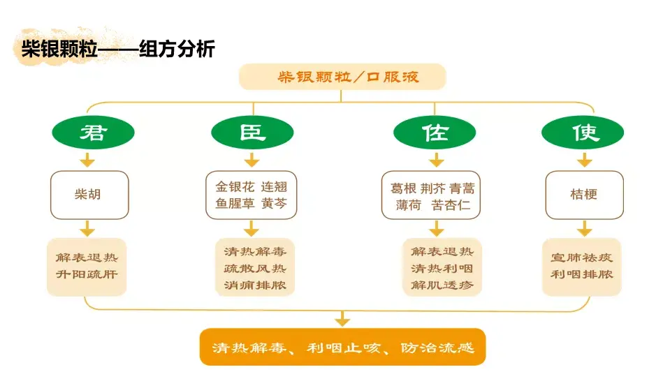 柴银颗粒(口服液)由柴胡,金银花,黄芩,葛根,荆芥,青蒿,连翘,桔梗,苦