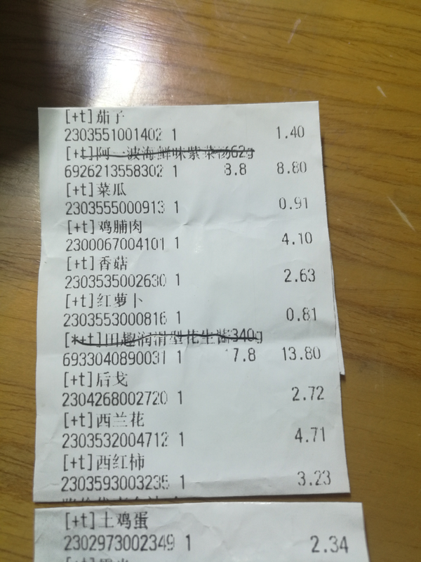 附永辉买菜小票(无视花生酱紫菜啥的,这些菜我吃了两天还没吃完)
