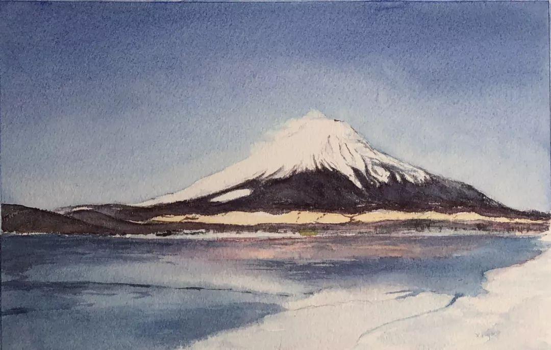 水彩风景手绘教程富士山雪景