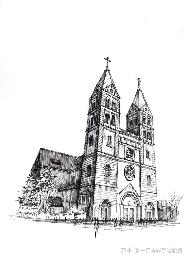 画的是青岛的天主教堂,这个建筑是由德国设计师毕娄哈依据哥特式和