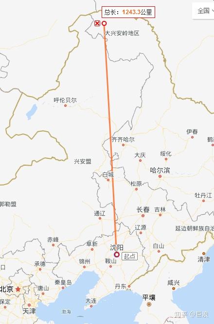 沈阳到漠河,直线距离1243公里,自驾路程1637公里.